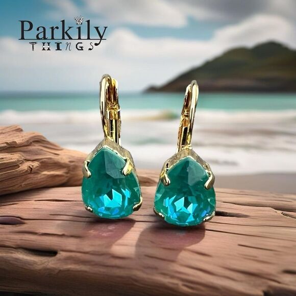 Handcrafted earrings with laguna blue teardrop Swarovski crystal - Picture 1 of 4
